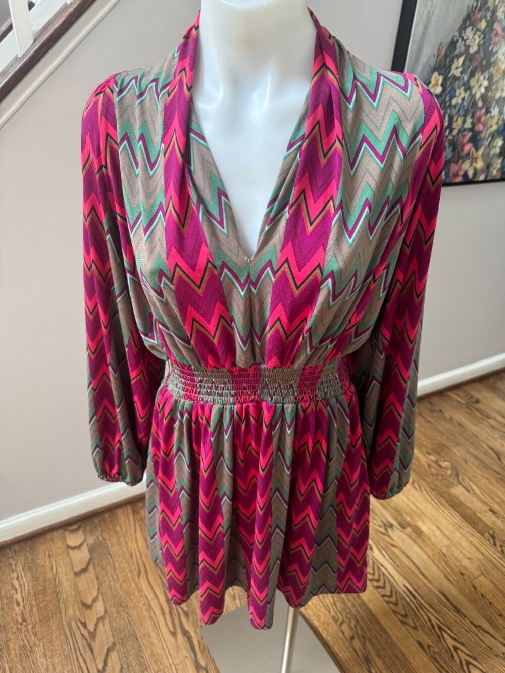 Tracy Negoshian Jersey Wrap Mini Dress Chevron Print Red Medium